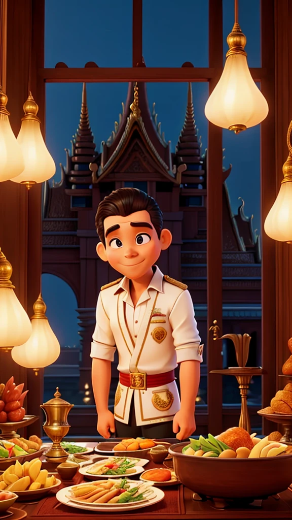 The grand palace and the rich man preparing for dinner.