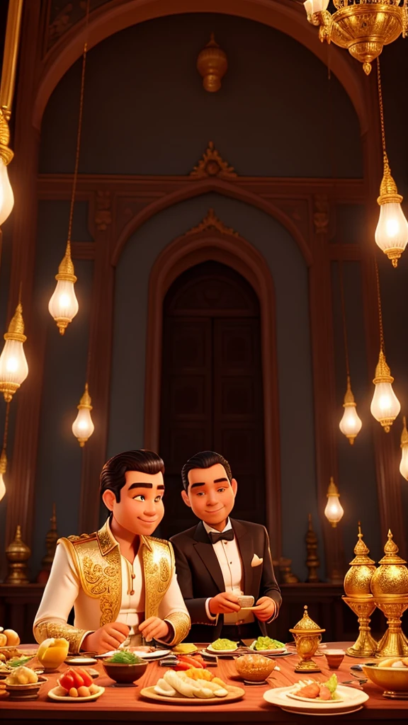 The grand palace and the rich man preparing for dinner.