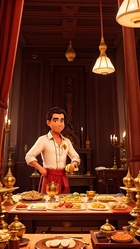 The grand palace and the rich man preparing for dinner.