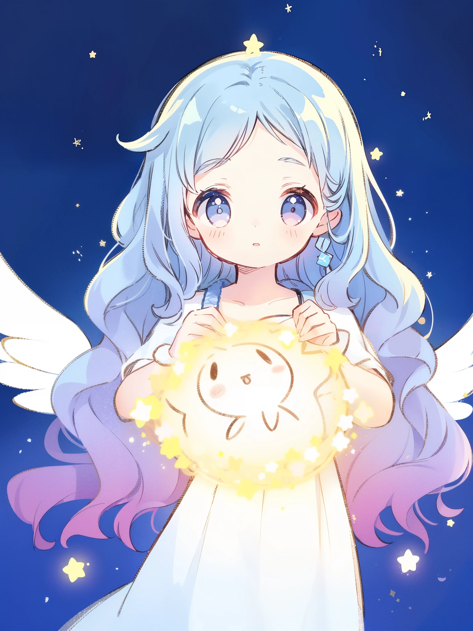 cute angel girl wearing an ethereal white dress made of feathers, pale skin, ((blue gradient wavy hair)), white feathers, angel wings, sparkling detailed eyes, golden ratio face, perfect composition, highly detailed, ethereal, (starry night sky background), midjourney style