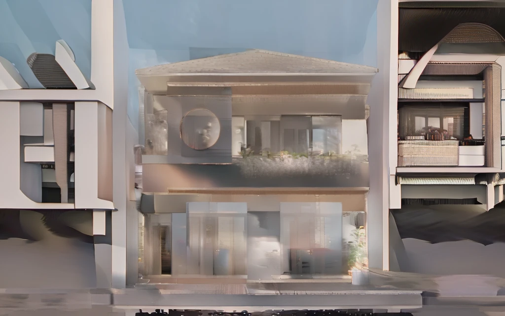 town house, pavement, street, white wall, steel railing, glass door and window, wooden facade, plant