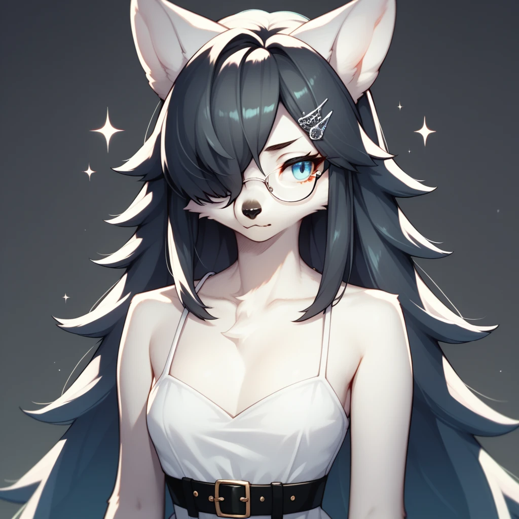 score_9,score_8_up,score_7_up, sierra, kemono style, a young nerdy Anthro furry wolf woman, white furry body,  long elegant and straight hair, (black hair):2, elegant glasses, hair clip, wearing elegant blue sundress, black belt, hands to her side, sparkles around her, she is shy, looking away, pouting, pov, pov viewer is giving her a thumbs up