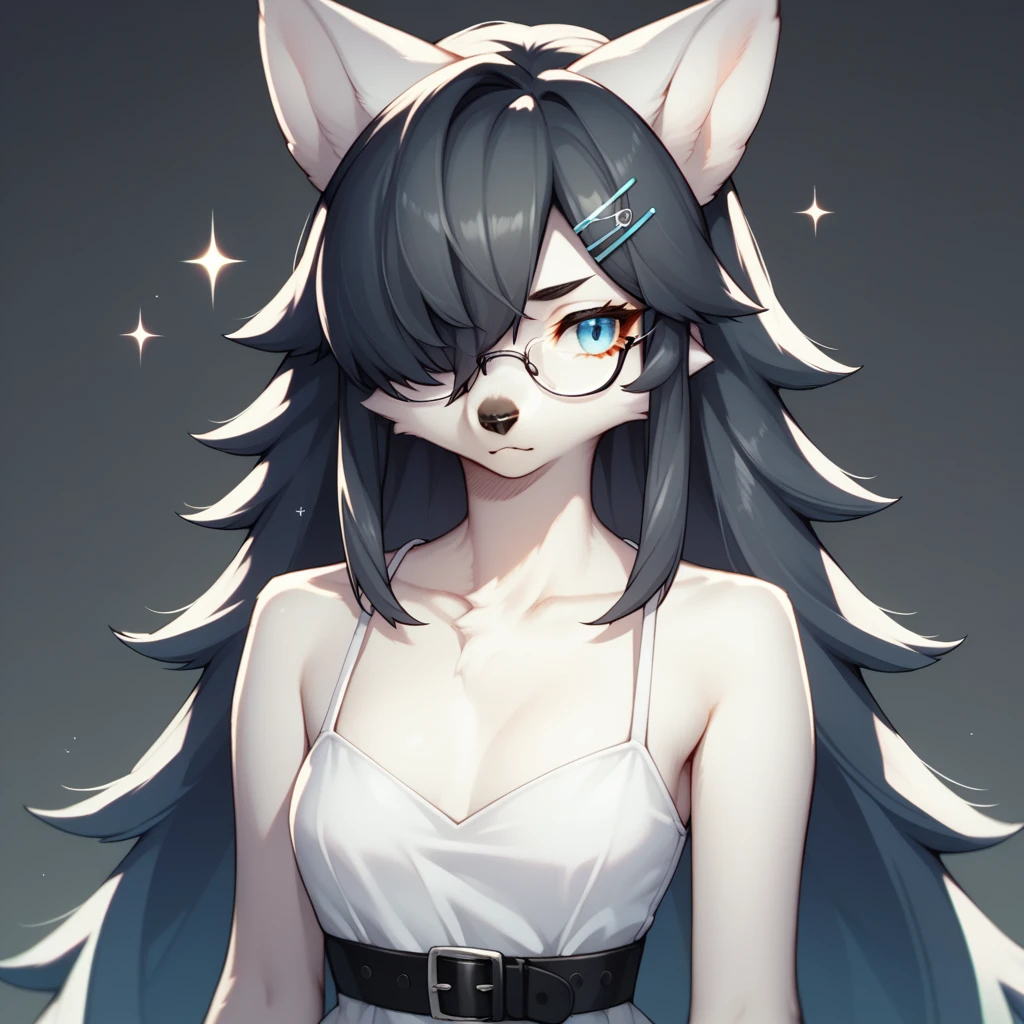 score_9,score_8_up,score_7_up, sierra, kemono style, a young nerdy Anthro furry wolf woman, white furry body,  long elegant and straight hair, (black hair):2, elegant glasses, hair clip, wearing elegant blue sundress, black belt, hands to her side, sparkles around her, she is shy, looking away, pouting, pov, pov viewer is giving her a thumbs up