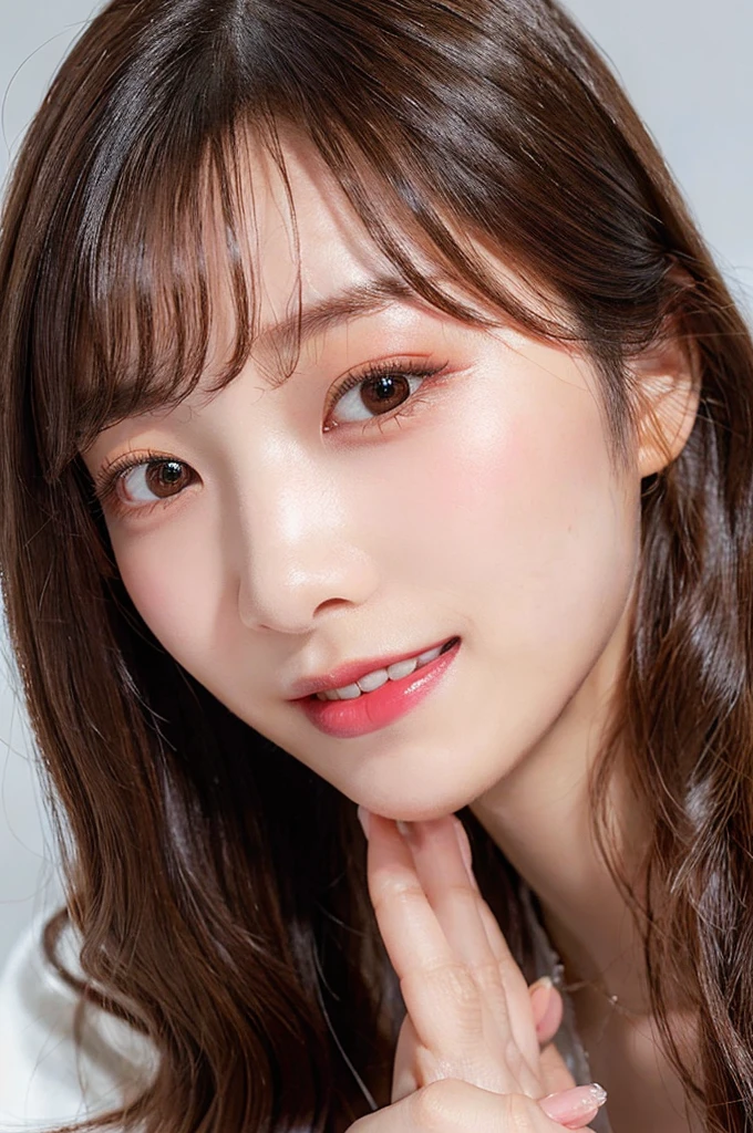 (((big laugh))), high-level image quality、20 year old Korean girl photo, raw, cute raund face, (Extra-long wavy hair), ((Portrait)), ((Detailed face:1.2)), ((A detailed face Characterized by fine skin), pale skin, , (cold color), moist, moist, reflector stay piece) (perfectly proportions)(photos realistic)(Best Quality) photographed in a Canon EOS R5, 50mm Lens,(8K), very long upper eyelashes、Very long lower eyelashes、Detailed lashes、Curled eyelashes、eyelash perm、Beautiful lashes, Natural eyes、