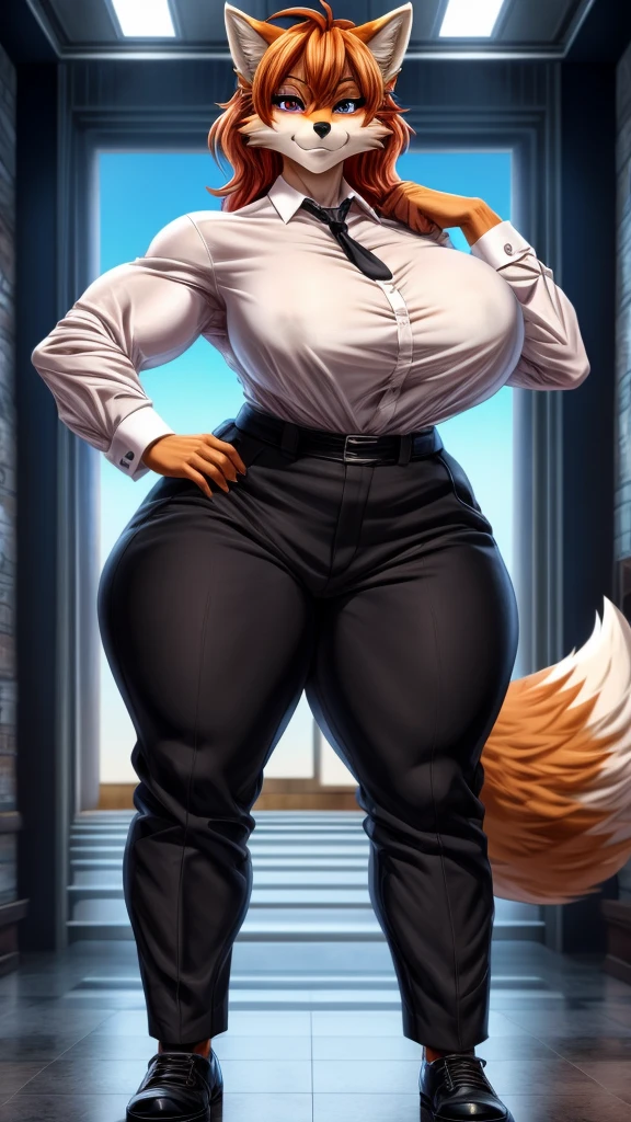 Skye from Paw Patrol, as a female fox, anthro, mature adult, orange fluffy hair, magenta eyes, tall, muscular, big breasts, big butt, thicc thighs, tomboy, massive female, fit, white shirt with black tie, black pants, black shoes, standing, detailed, solo, beautiful, high quality, precise, manhwa style, 4K