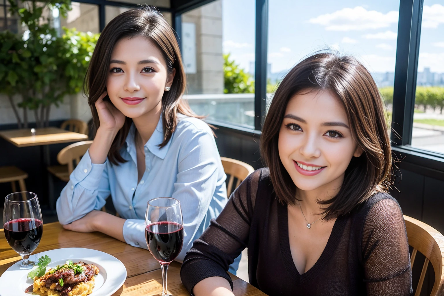 ((Highest quality、8K、masterpiece:1.3))、cute、slimカップル、modelカップル、(Realistic, Intricate details:1.2), full-course dinner、Wine Party、Amazing view of the sunset sky and clouds、A bright smile、The wonderfulness of smile、Bright image、The beauty of wine, Beautiful Face, blue eyes, The light shines on your face, Blushing, short hair,Bright Face、 (Age 37), Age 34, red wine 、Appetizers、Italian food、Wine bottle、Champagne、sparkling wine、Two beauties、Brown Hair、Shortcuts、Long sleeve shirt、dress、Beautiful woman 1, (slimな顔), (The body is slim), (Brown Hair), (Shortcuts), cheeks turn a little red,Attractive beauty、restaurant, In a prominent place (From the waist up) Nova Frog Style, actress, model, Upper Body, White wine, slim, wine glass, 中央に置かれたwine glass, smile, (smile: 1.15), Beautiful fine grain, Depth f/2,saturation, High Contrast, Strong light and shadow,Moist Body:1.5、3D texture、Delicate eyes、Brown Hair、The hair is very shiny、