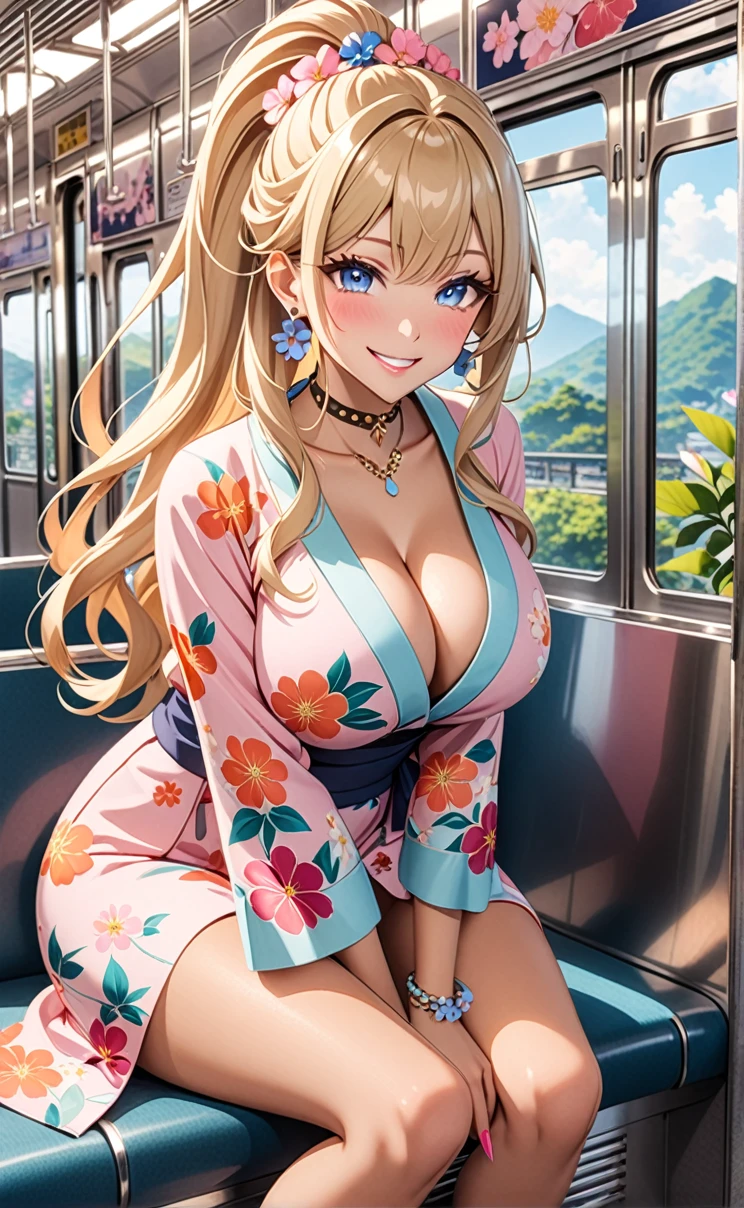 ultra-detailed, ((one girl)), in pastel colors gyaru, (heavy makeup), (tan skin:1.5), hyper detailed, absurdres, 8K, Beautiful Face, (Laugh shyly), ((teasing smile:1.8)), ((Wink:1.5)), (Laugh with your mouth wide open),((Tilt your face:1.6)), View your viewers, ((full-face blushed:1.6)),Glossy Red Lips, ((Big Breasts:1.5)), ((show off breast)), ((undressing)), noon, on the train, (Brighten your face), ((Anime style background)),masterpiece, Highest quality, so beautiful,Latest, Complex details, (Pink long nails), (nail art), (ring),(bracelet), (Floral Choker),AI-generated, Complex,High resolution, Highest quality, super high quality,3D Images、3D Images,One person, (Blonde long hair), (High Ponytail), (wavy hair:1.3), Pastel anime woman posing for a photo, ((Fine grain、blue eyes、glowing eyes:1.4)), (Squint your eyes:1.1),a hyperRealistic , hyperRealistic , Realistic,Long blonde anime woman, Smooth anime CG art, A girl in a gorgeous pastel-colored kimono, ((Pastel colored long sleeve kimono)),(Pink large floral pattern), Long flower hair ornament,Floral Earrings,Mature Body, tall, Tight waist,((Sit in the seat)), ((leaning forward:1.6)), ((hand between legs:1.5)), (from above),