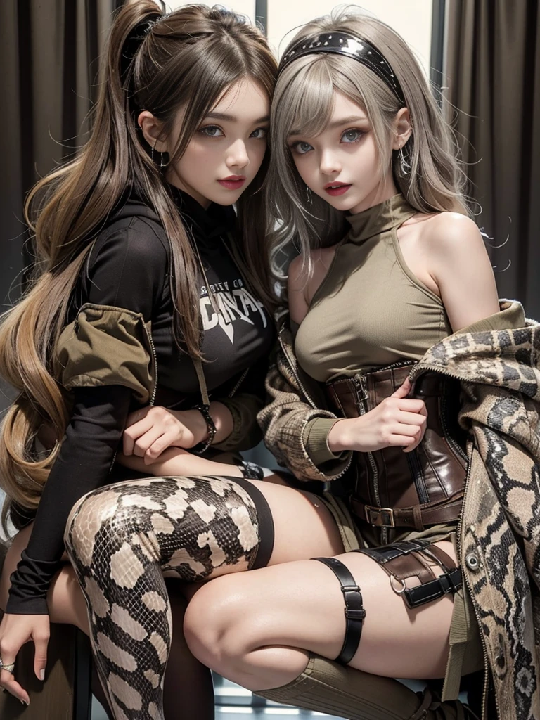 (Smiling with teeth showing:1.3),(Shibuya Gal:1.5)、(Underground idol costume:1.5)、(Neo-goth fashion:1.5)、(Punk RockVisual Kei:1.5)、(An off-the-shoulder hoodie in khaki and brown with delicate silver accessories.:1.5)、(A corset with a delicate beige and brown design:1.4)、(Dark grey, khaki and brown snakeskin bodysuit:1.5)、(Snake print headband:1.3)、(Beige and charcoal knee socks:1.4)、Embellished collar and long boots、(I'm selling snake print underwear.:1.4)、(Long eyelashes:1.3)、(20-year-old)、((Highest quality、8k、masterpiece:1.3))、1 Female、Slim and beautiful abs:1.3、(hairstyle casual、Beautiful boobs:1.1)、(Doing an aerobics pose:1.3)、dress:1.1、Super small face、Narrow eyes、double eyelid、A sloppy smile、Esbian all over body、Dynamic Angle、Close-up、CPL Filter、Blurred Background、Bokeh、Blue Hour、Detailed face and skin texture、Detailed eyes、,(Twin tails:1.3)、(Black brown hair:1.3)、Gravure idol、(The background is a glamorous dance hall:1.3)、(Make your legs thinner:1.4)、(Slim Body:1.3)、(clavicle:1.1)