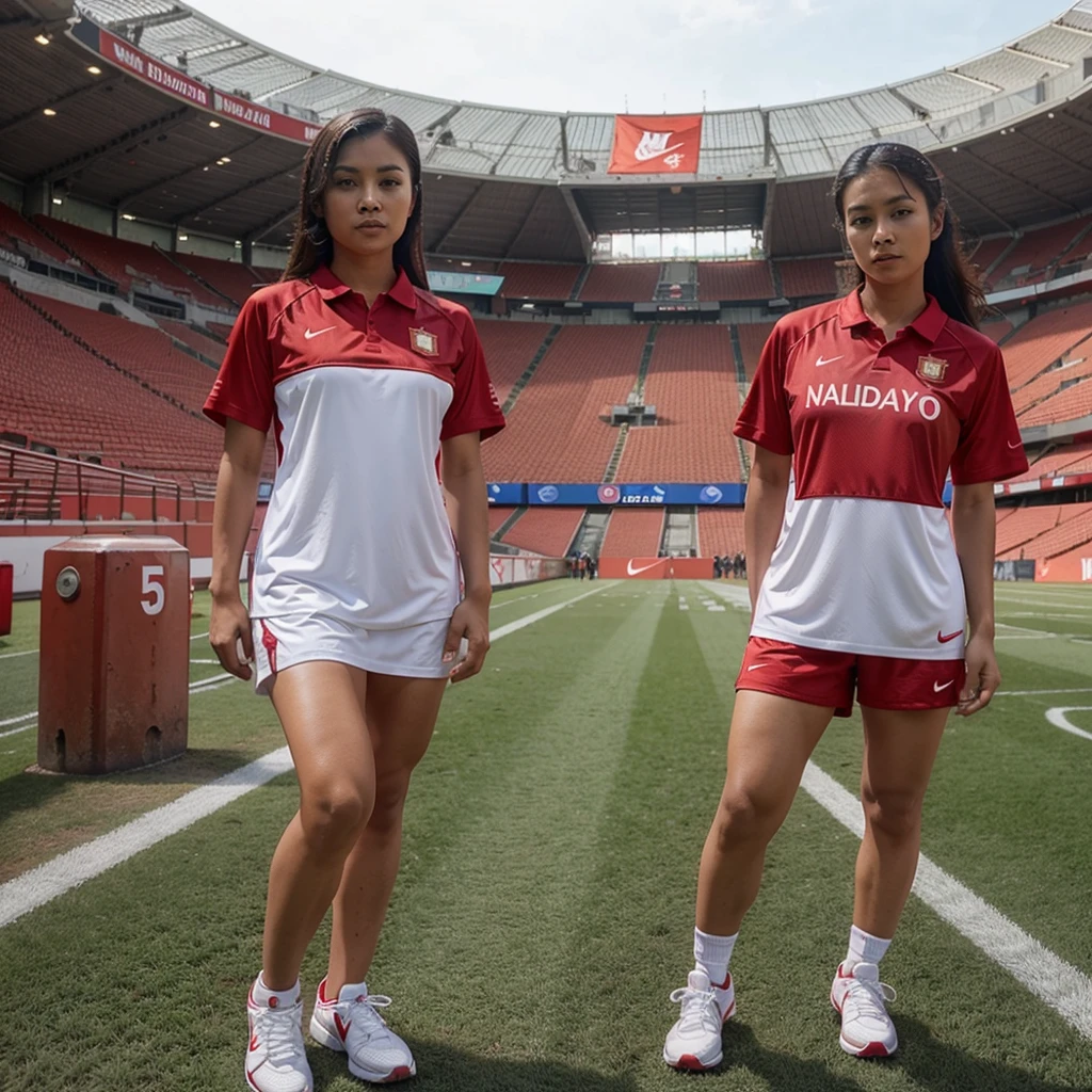 A beautiful and very handsome Indonesian woman wearing a red Indonesian national team jersey with white Nike shoes with a football stadium in the background