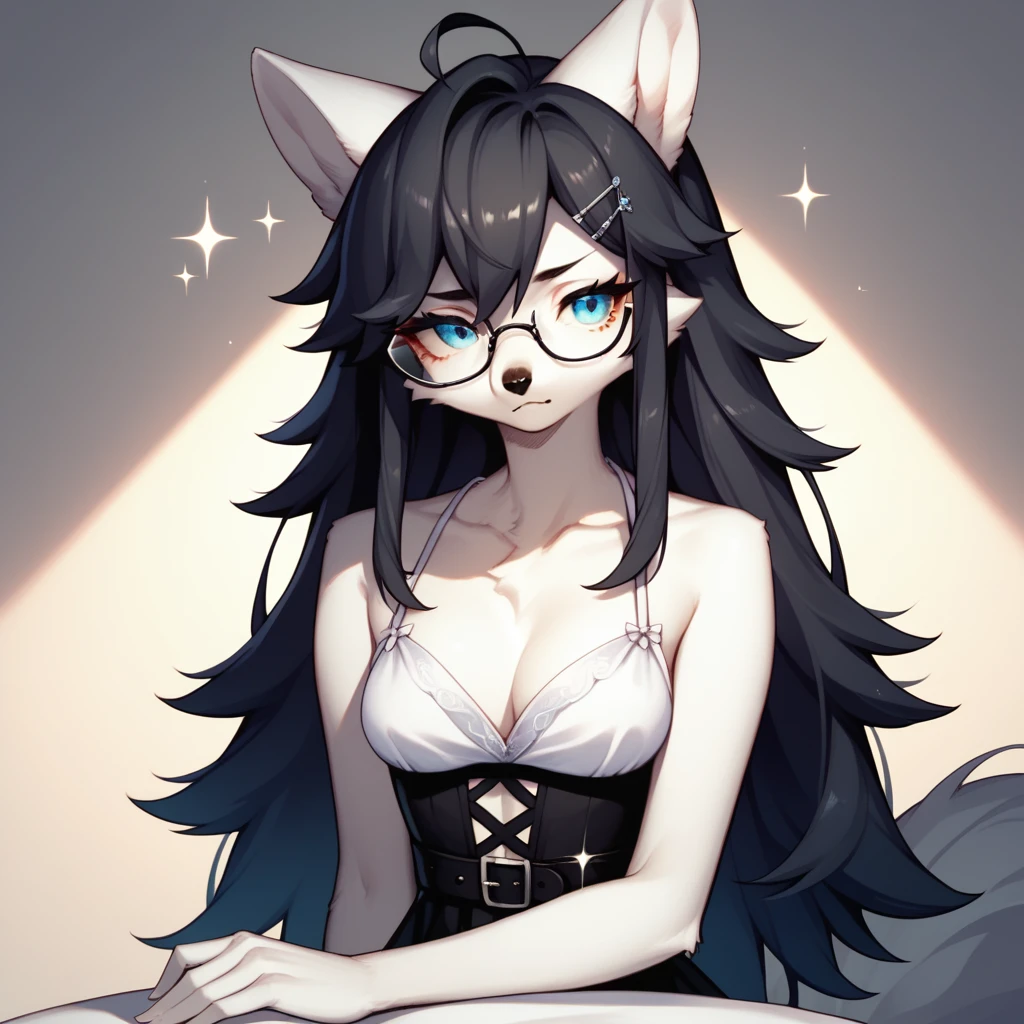 score_9,score_8_up,score_7_up, sierra, kemono style, a young nerdy Anthro furry wolf woman, white furry body, black hair, long elegant and straight hair, elegant glasses, hair clip, wearing elegant blue sundress, black belt, she is holding her arm, sparkles around her, she is shy, looking away, pouting, pov, pov viewer is giving her a thumbs up