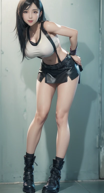 (((Full and soft breasts,)))(((Huge breasts))) (((Cleavage))) (Perfect curvy figure)Tifa Lockhart, Delicate face, Detailed face, Sweet smile expression, Perfect body, Athletic body, Ultra-realistic textures