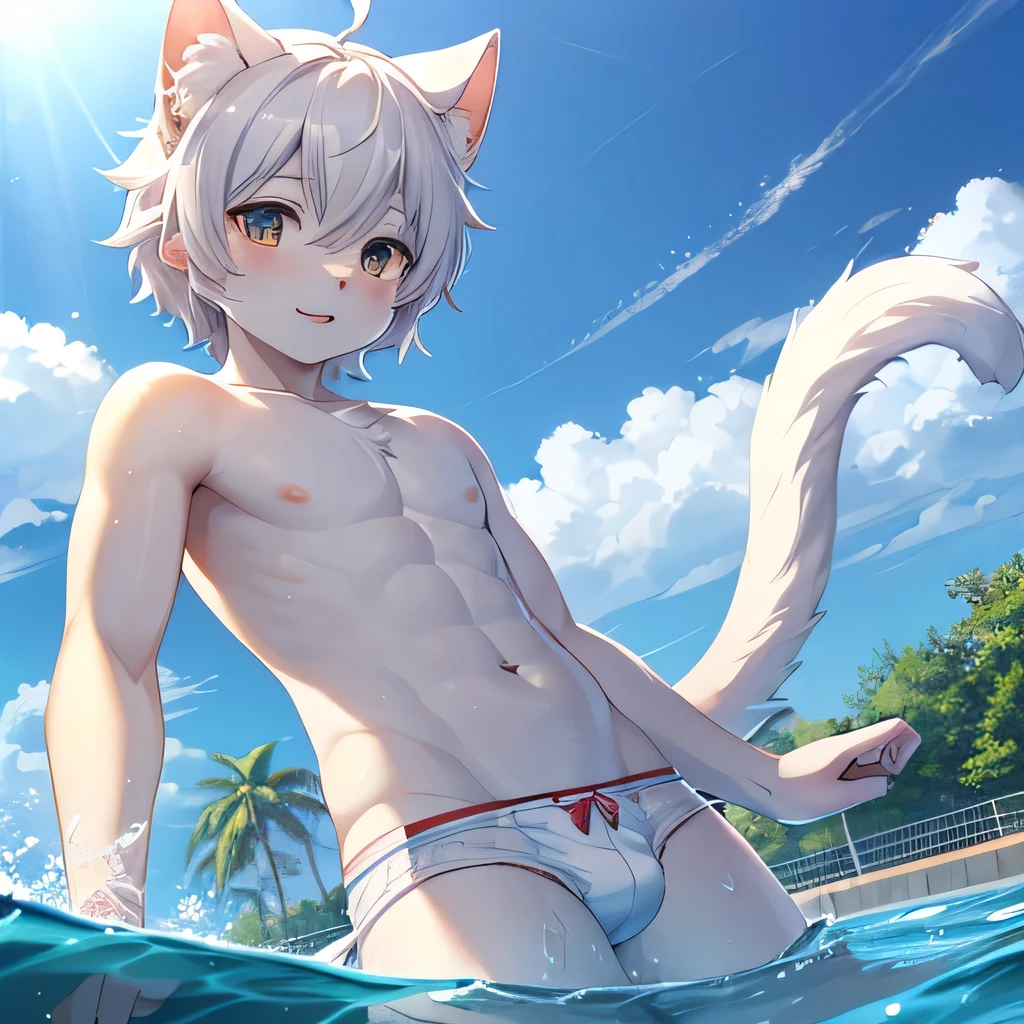 Young male white cat wearing white diaper, Swimming, An anime drawing by Puru, pixiv, furry art, sfw version, UHD, masterpiece, anatomically correct, textured skin, super detail, high details, high quality, best quality, highres, 8k