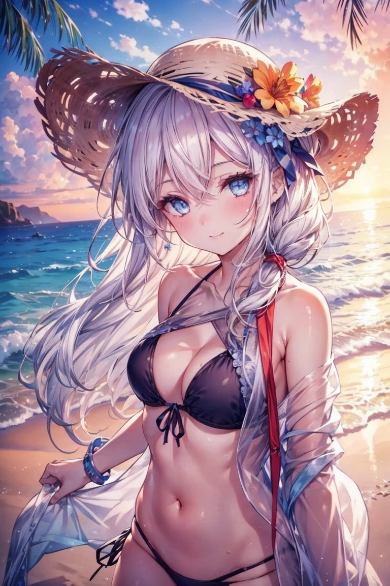 One Girl, long tied brunette hair, smile, blue eyes, Wink, View your audience, Wear a bikini, flower straw hat, (Beach), (sunset), evening, masterpiece, 8K, Perfect lighting, Perfect outfit, Perfect Anatomy, Perfect Eyes, Perfect Face, Sharp resolution, (Face close-up)