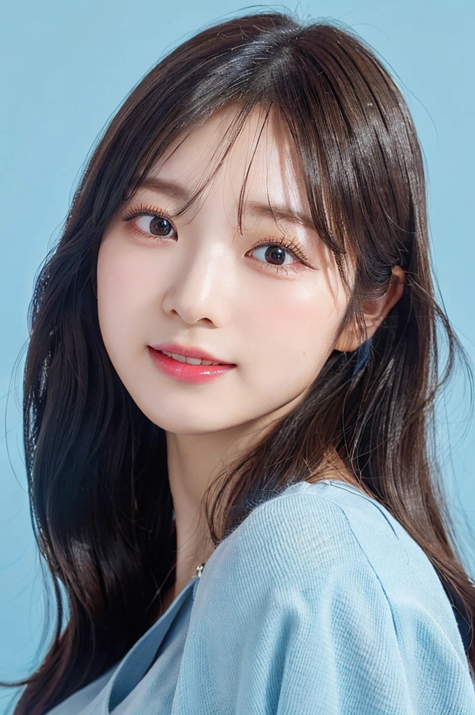 ((big laugh)), high-level image quality、20 year old Korean girl photo, raw, cute face, ((Portrait)), (dull blue background:1.4), ((Detailed face:1.2)), ((A detailed face Characterized by fine skin), pale skin, , (cold color), moist, moist, reflector stay piece) (perfectly proportions)(photos realistic)(Best Quality) photographed in a Canon EOS R5, 50mm Lens,(8K), very long upper eyelashes、Very long lower eyelashes、Detailed lashes、Curled eyelashes、eyelash perm、Beautiful lashes, Natural eyes、