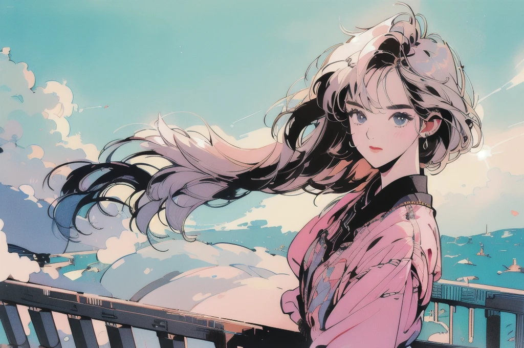 Upper Body、1 female、Highest quality、14k、The wind is blowing、One female。White camisole、sunset、Skyscraper、Transmission lines、pedestrian crossing、signboard、((((Mysterious目)))、(((Mysterious)))、Different hair colors、Detailed Hair、Detailed Background、Highest quality、Light Lighting、Backlight、dim、cloud、front、(((Overhead shot)))、Seeing the backlight of the audience、dim、cloud、frontの顔、Looking at the audience、Various hairstyles、Very beautiful woman、noble、Apartment balcony、Mr.々From an angle