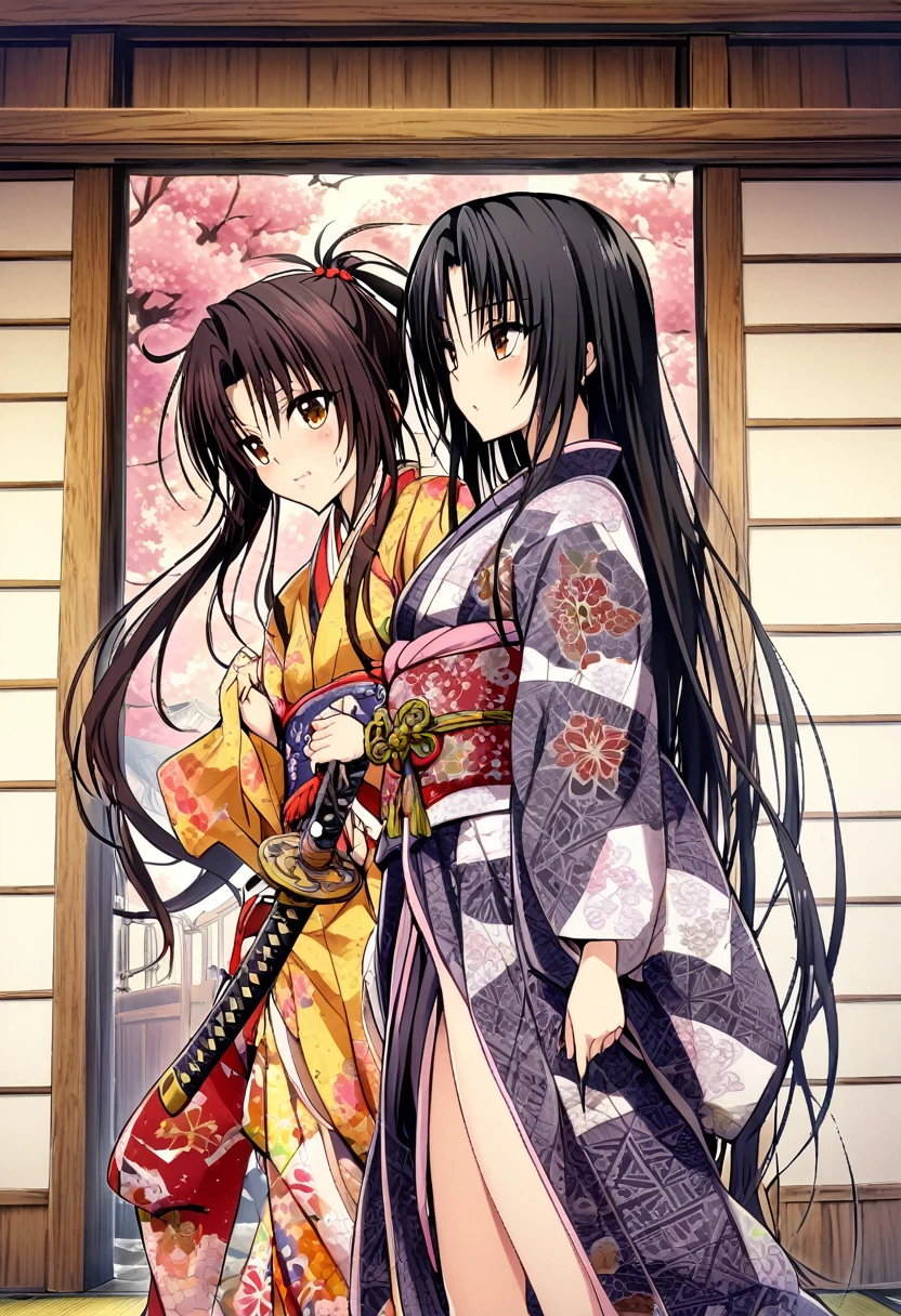 One girl, kujou rin, to love-ru,perfect body,black Hair, long Hair, pony tail,brown eyes, break,Design a scene from a historical Japanese drama, with samurai, traditional architecture, and Edo-period clothing,wearing a kimono with intricate designs,holding a sheathed katana at his side