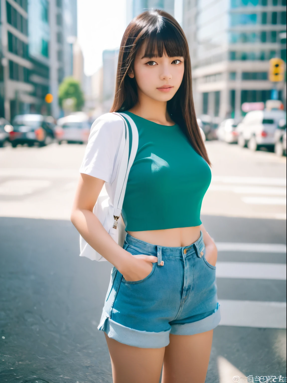 (8k, Top quality, Masterpiece:1.2), (Realistic, photo-realistic:1.37), Super detailed, perfect anatomy, cute, small eye, Fashion-model outfit, 18 years old, Japanese, girl, posing, cityscape, in summer,