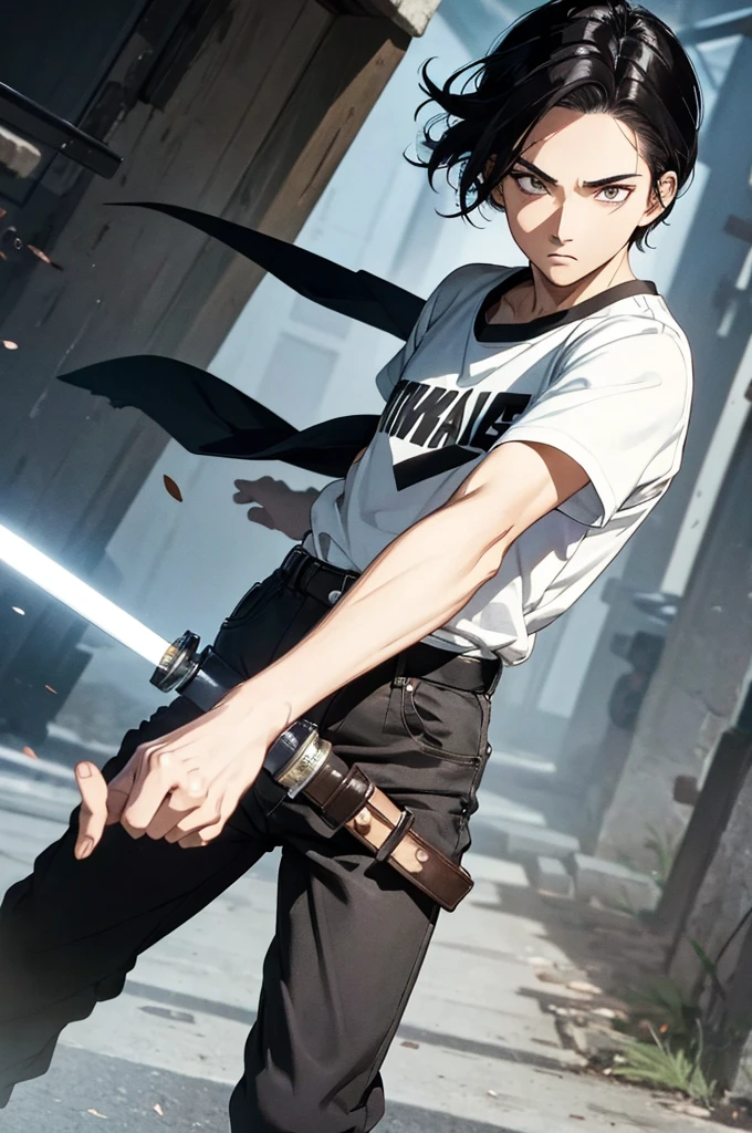 (masterpiece), best quality, expressive eyes, perfect face, highres, 1 boy, solo, brown eyes, black hair,parted hair,short hair, White social shirt, social black pants, standing, portrait, looking at the viewer, School ambient, holding 2 Swords
