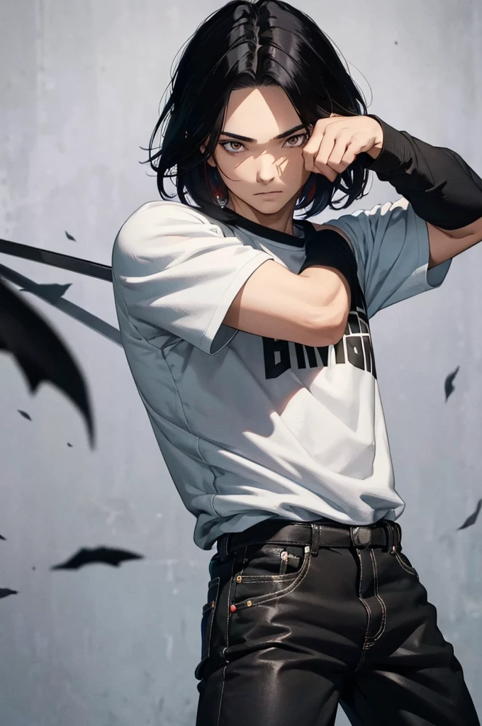 (masterpiece), best quality, expressive eyes, perfect face, highres, 1 boy, solo, brown eyes, black hair,parted hair,short hair, White social shirt, social black pants, standing, portrait, looking at the viewer, School ambient, holding 2 Swords