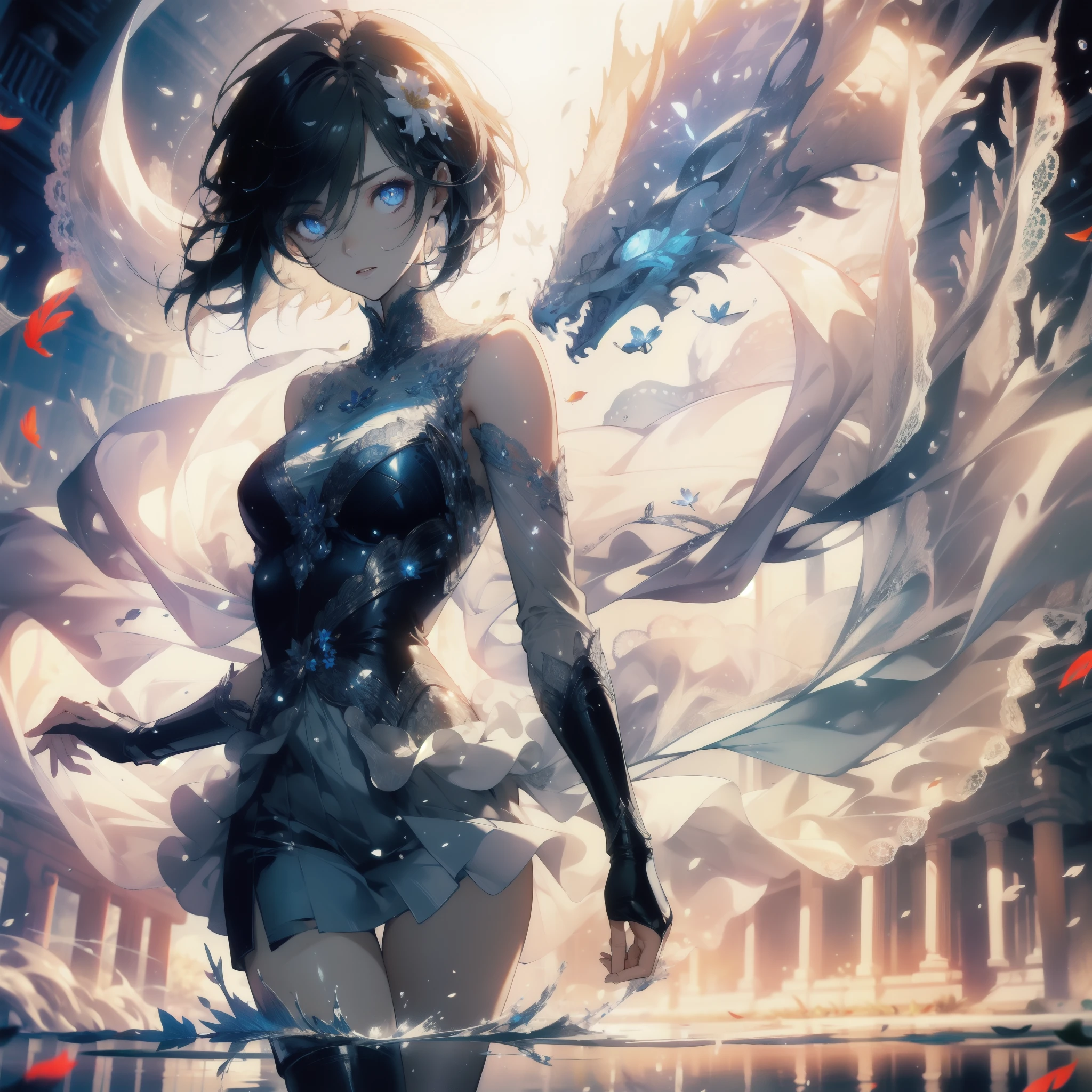 ((masterpiece, best quality)), Epic battlefield atmosphere，Delicate face，goddess，sunshine，whole body，Standing picture，glowing eyes，Handsome short hair，Perfect body proportions，Pure white background，Water Ripples，Lace，flower，Fallen Leaves