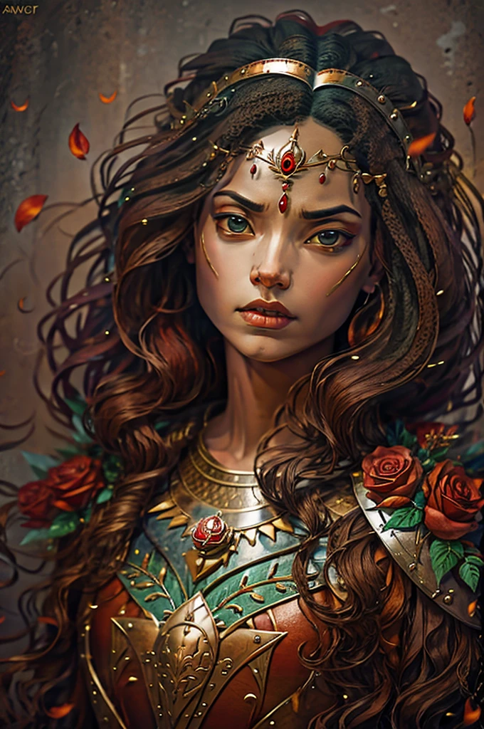 50-year-old woman in the 17 century Female battle scared warrior leader of the order of the scarlet rose, guilty conscious expression, determined facial expression. Black hair. Female.
