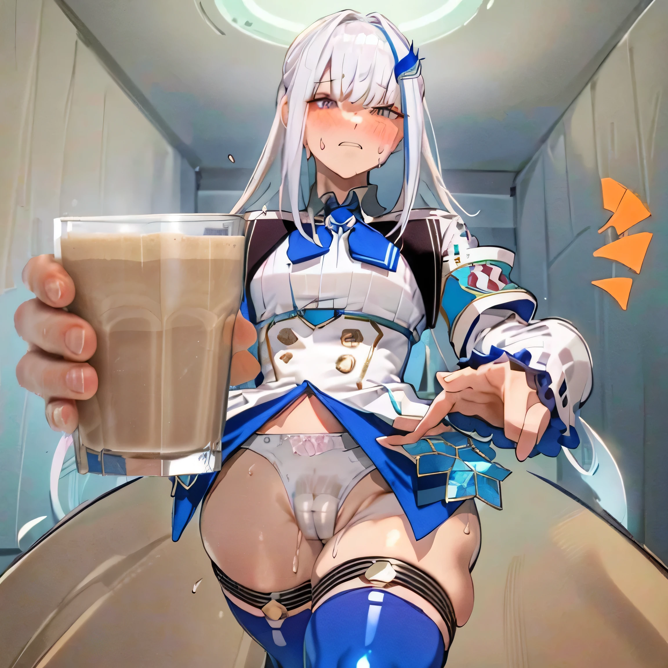 choccymilk,
pointing at viewer,
holding,
Cup,(((Liz Hellesta))),((v tuber)),((Game Now Streaming)),((White Delivery Room)),(Liz Hellesta髪),((Dressed seriously)),(((Do not expose breasts))),masterpiece, Highest quality ,(1 beautiful woman), Liz Hell,cameltoe,(Straight gray straight hair,((Bangs)),((Beautiful Japanese woman face)),Thin face,((Thin cheeks)),Beautiful woman face,Precise depiction,Excellent costume design, (Small breasts), Slender upper body,(8k Full Body RAW Photo), (Highly detailed skin: 1.2), ((Oily skin)),smile, Highly detailed face, ((Grey Hair)),fine grain, (((Sweaty body))), (((Oily skin))),Inside the room,1 Girl,Open your mouth,(((Open your eyes))),(((View your viewers))),Look this way,(((Open your eyes))),(((Open your eyes))),(Large pelvis),(Wide Hips),(((Very muscular and thick thighs Veins,))),(((Abnormally thick thighs))),Thigh gap,(((Shiny thighs))).(((Narrow waist))),(((Very thin waist))),(Realistic:1.0),Front view,1girl,lh1, (((White panties))),(((cameltoe))),Hair Ornament Net、Long Hair、Long sleeve、((Blue thigh-high socks in silk fabric))、((Armband))、Blue pleated mini skirt、((White jacket, cotton material))、(tight white shirt)、Blue Skirt、((Metallic black thigh straps)),(((Front view))),View your viewers,((Open your mouth)),Showing teeth,Constricted eyes,(((blush,shame))),(((Puzzled expression))),(Panties are wet),