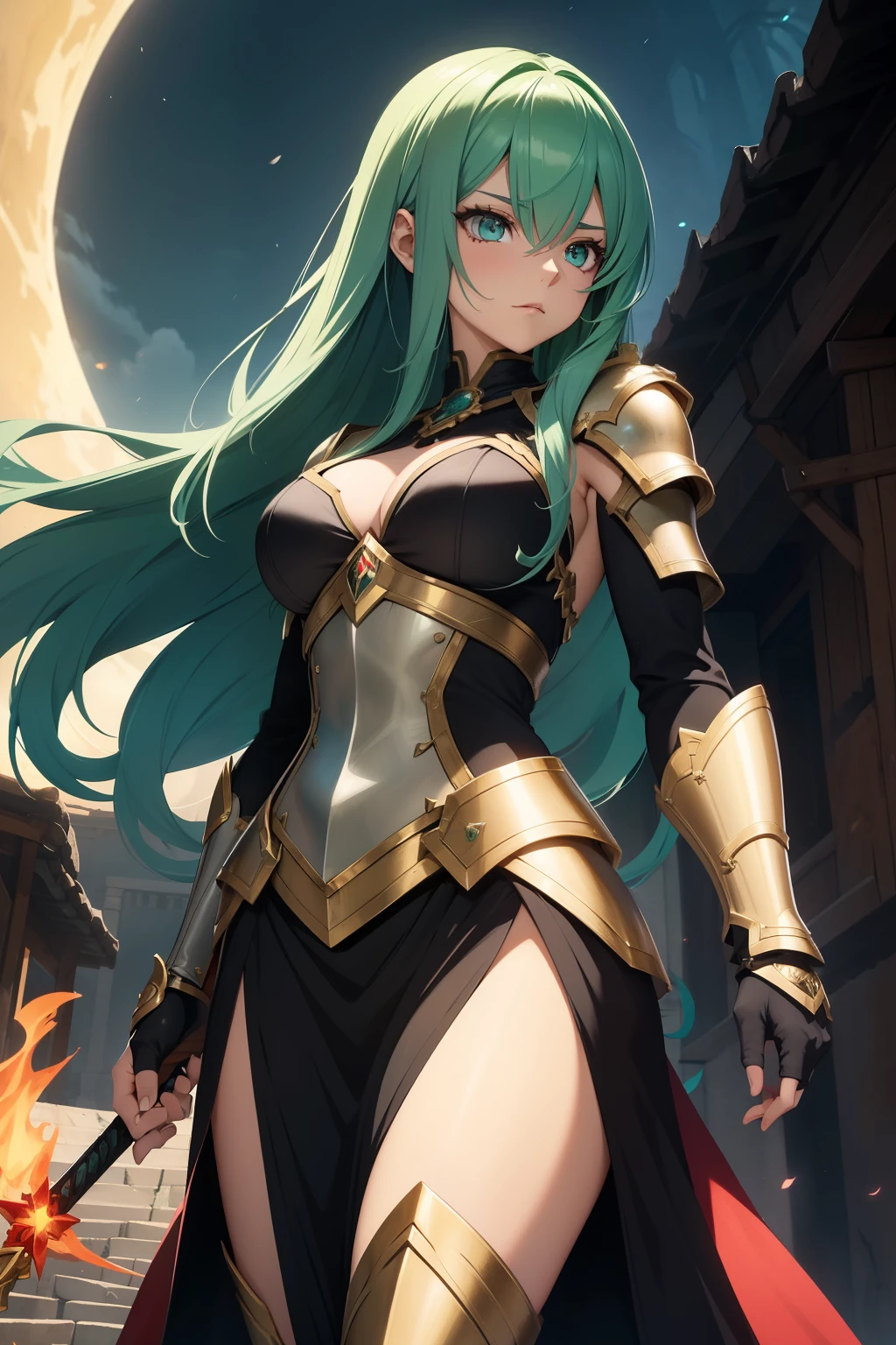 In the realm of anime, a 37-year-old woman of strength and valor stands tall. Her long, lush green hair is adorned with small, intricate bars, adding a unique touch to her powerful appearance. She clads herself in silver armor, meticulously crafted with small details in shades of red, a testament to her unyielding spirit. The armor extends to her greaves and plates, covering her body completely, protecting her from any impending danger. Her eyes, as bright as embers, gleam with red, a symbol of her inner fire and unwavering determination. She holds a spear firmly in her hand, the tip glinting under the moon