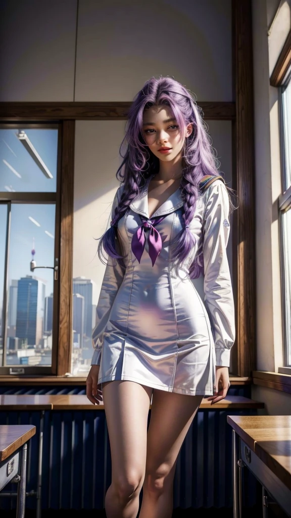 An eighteen-year-old young woman with long purple hair in a sailor suit sits in a classroom (school 1.5 in the background) (expression serious, cold 1.5) (best quality: 1.1) (masterpiece: 1.3) with an unparalleled masterpiece, surreal 8K, perfect artwork, super detail, best quality, masterpiece 4K wallpaper aesthetics, masterpiece, award-winning artwork, official art, cinematic lighting