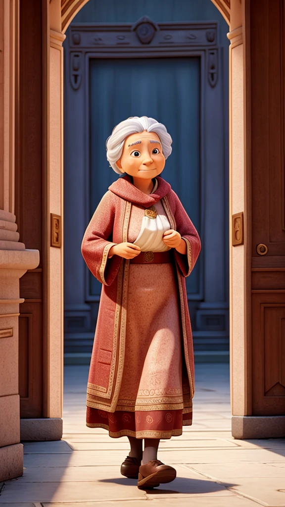 Arrival of the Woman: The wise old woman in simple clothes arriving at the palace.