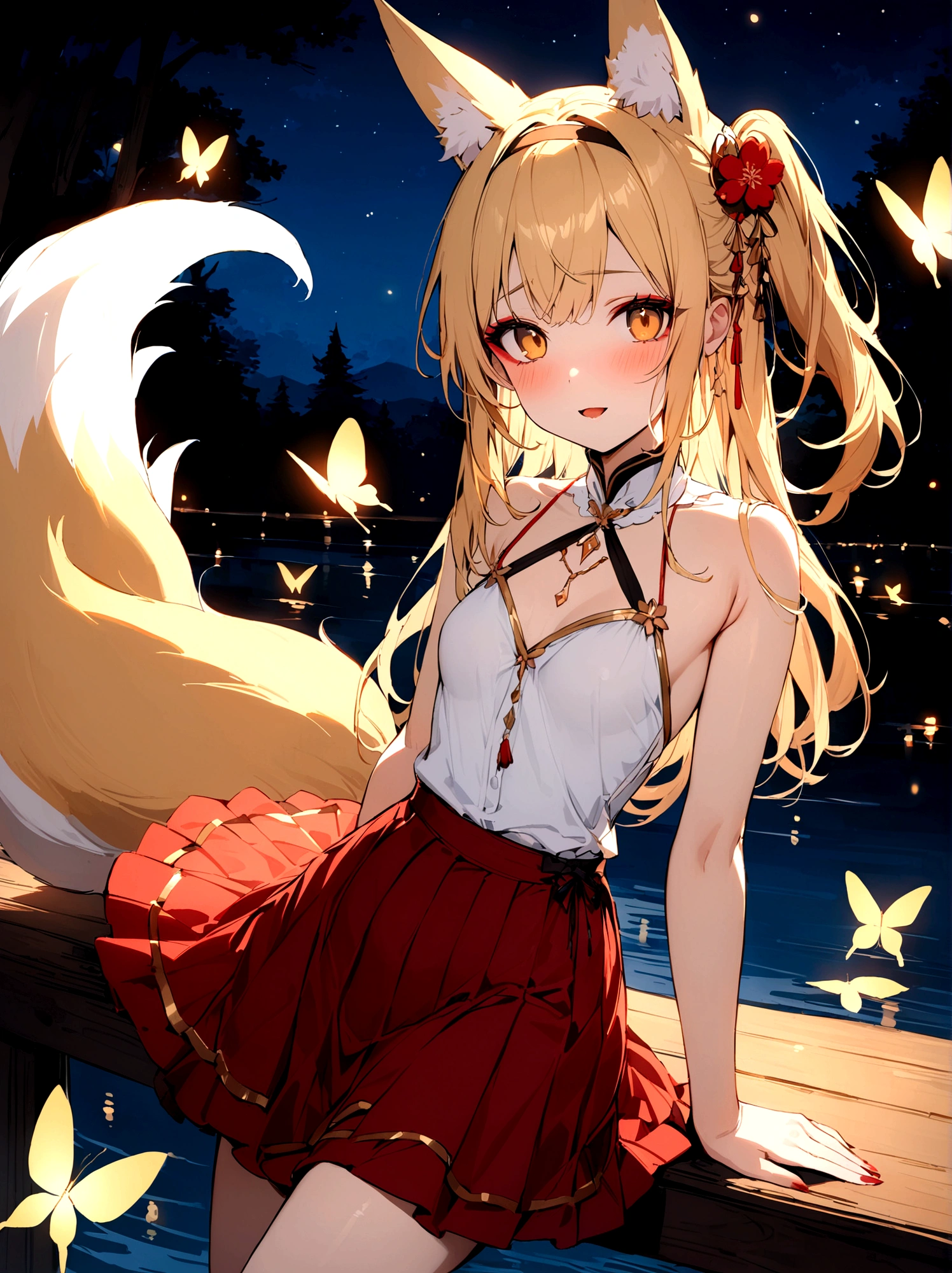 (masterpiece, best quality) junior,detailed, (beautiful,small breasts), blonde,long hair, side ponytail(tied to the left),Hair band decoration with gold butterfly, elegant, (fox ears),nine tailed fox tail, red eyeshadow, golden eyes, femur,white shirt,free,red skirt,cherry blossom tree lake background,lake illuminated by moonlight,girl,NIGHT,Yandere expression,BLOOD