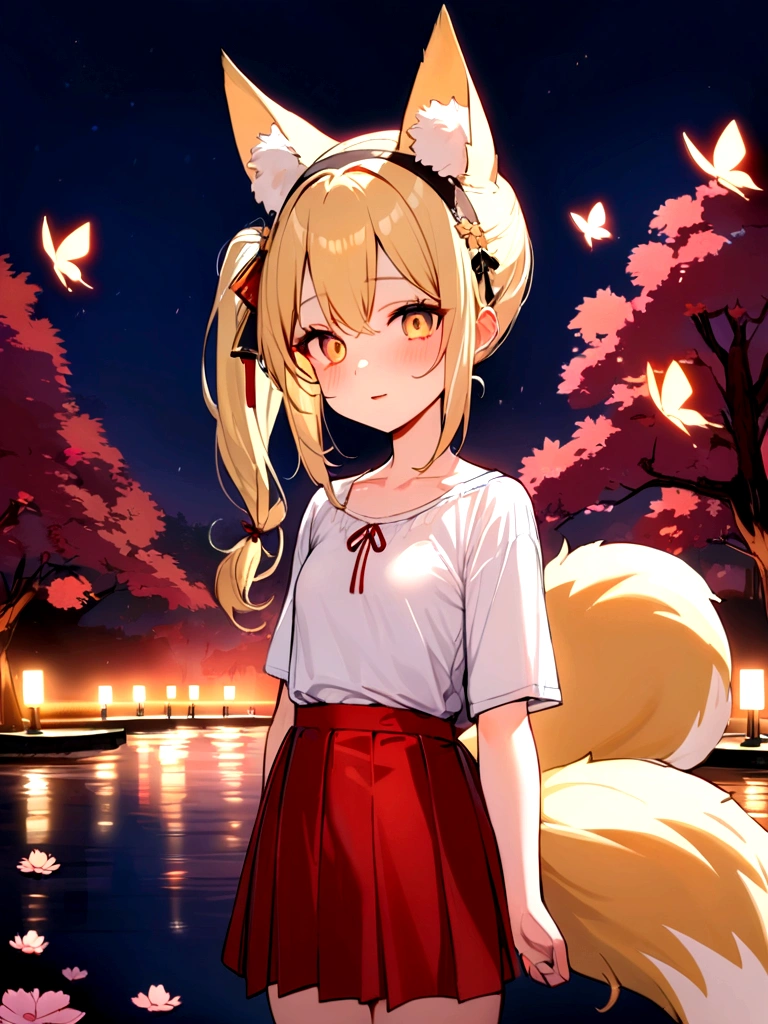 (masterpiece, best quality) junior,detailed, (beautiful,small breasts), blonde,long hair, side ponytail(tied to the left),Hair band decoration with gold butterfly, elegant, (fox ears),nine tailed fox tail, red eyeshadow, golden eyes, femur,white shirt,free,red skirt,cherry blossom tree lake background,lake illuminated by moonlight,girl,NIGHT,Yandere expression,BLOOD