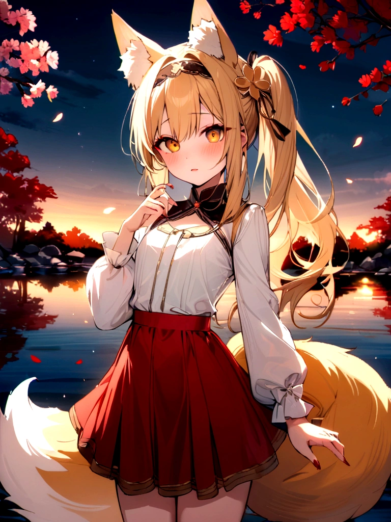 (masterpiece, best quality) junior,detailed, (beautiful,small breasts), blonde,long hair, side ponytail(tied to the left),Hair band decoration with gold butterfly, elegant, (fox ears),nine tailed fox tail, red eyeshadow, golden eyes, femur，white shirt,free,red skirt,cherry blossom tree lake background,lake illuminated by moonlight,girl,NIGHT,Yandere expression,BLOOD