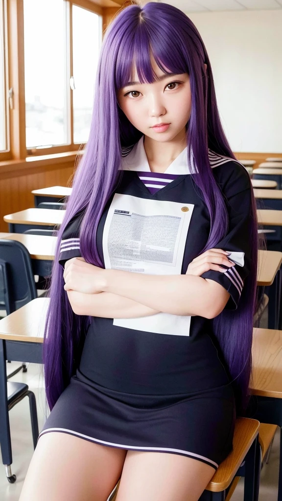 An eighteen-year-old young woman with long purple hair in a sailor suit sits in a classroom (school 1.5 in the background) (expression serious, cold 1.5) (best quality: 1.1) (masterpiece: 1.3) with an unparalleled masterpiece, surreal 8K, perfect artwork, super detail, best quality, masterpiece 4K wallpaper aesthetics, masterpiece, award-winning artwork, official art, cinematic lighting