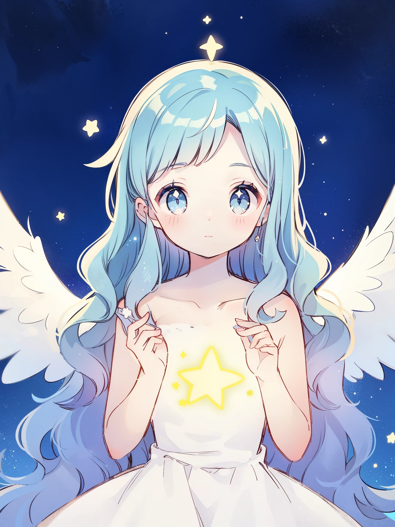 nude angel girl wearing an ethereal translucent dress, pale skin, ((blue mint wavy hair)), white feathers, angel wings, sparkling detailed eyes, golden ratio face, perfect composition, highly detailed, ethereal, (starry night sky background), midjourney style