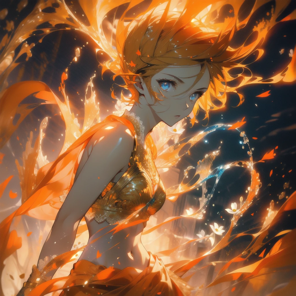 (Girl with Flame - Orange Feathers - Fenix - Fenix Girl - Colorful - HD - Ultra HD - 4K - Flame - Orange Sky - Sun - Imposing - Ultra Flames - Orange and Blue Flames)