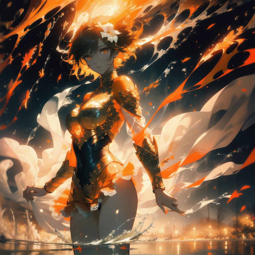 ((masterpiece, best quality)), Epic battlefield atmosphere,Delicate face,goddess,sunshine,orange color,whole body,Standing picture,glowing eyes,Handsome short hair,Perfect body proportions,Pure white background,Water Ripples,Lace,flower,Fallen Leaves