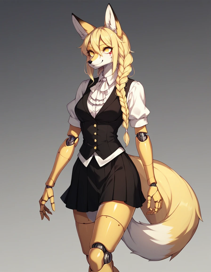 Solo, Score_9, score_8_up, score_7_up, kemono style, Kimiko, An Anthro furry fox girl, yellow furry body, yellow fox tail, , black nose, blonde hair, braided hair, wearing elegant black vest, black short skirt, doll joints, walking elegantly, she is a marionette doll, (marionette strings attached to her limbs):2, a giant shadowy figure behind her, simple shadow background, gradient lighting, she is smiling, tearing up, soulless empty eyes, (suspended by strings, strings tied to her):2