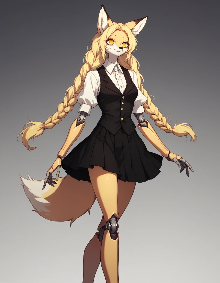 Solo, Score_9, score_8_up, score_7_up, kemono style, Kimiko, An Anthro furry fox girl, yellow furry body, yellow fox tail, , black nose, blonde hair, braided hair, wearing elegant black vest, black short skirt, doll joints, walking elegantly, she is a marionette doll, (marionette strings attached to her limbs):2, a giant shadowy figure behind her, simple shadow background, gradient lighting, she is smiling, tearing up, soulless empty eyes, (suspended by strings, strings tied to her):2