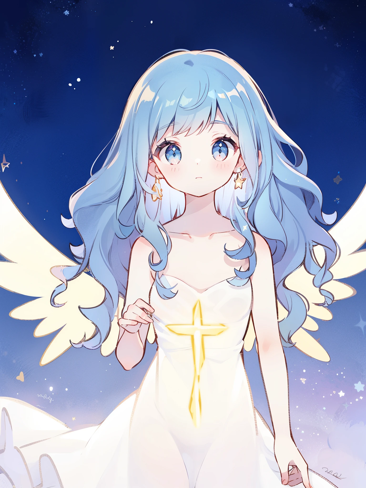 nude angel girl wearing an ethereal translucent dress, pale skin, ((blue mint wavy hair)), white feathers, angel wings, sparkling detailed eyes, golden ratio face, perfect composition, highly detailed, ethereal, (starry night sky background), midjourney style