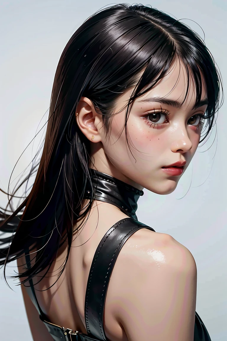 masterpiece, best quality, ultra-detailed, best shadow, beautiful detailed face, beautiful detailed eyes, High contrast,, 1girl, , (flat chest),  bangs, hair over one eye, black  bare shoulders,, white background:1.3,  (face focus:1.3, eye close-up:1.3), ((from behind:1.3)), ass,