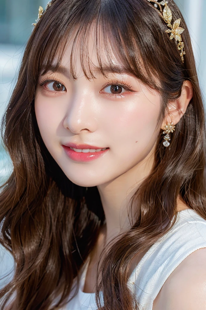((big laugh)), high-level image quality、20 year old Korean girl photo, raw, cute face, (Extra-long wavy hair), ((Portrait)), ((Detailed face:1.2)), ((A detailed face Characterized by fine skin), pale skin, , (cold color), moist, moist, reflector stay piece) (perfectly proportions)(photos realistic)(Best Quality) photographed in a Canon EOS R5, 50mm Lens,(8K), very long upper eyelashes、Very long lower eyelashes、Detailed lashes、Curled eyelashes、eyelash perm、Beautiful lashes、Natural eyes、very beautiful eyelashes