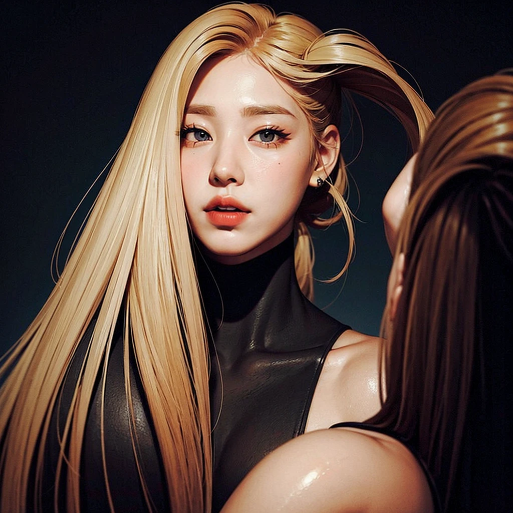Namjoon the BTS, sexy, blonde hair and dressed completely in black, with a slightly dark background, muscular but not exaggerated