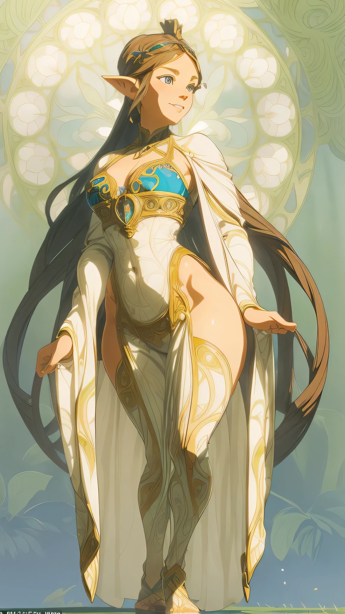 ((Full Body Shot, Focus on people)), ((masterpiece)), (Highest quality), (work), (perfect anatomy), (Perfect ratio of fingers to thumb), (Symmetrical face), Art Nouveau watercolor , 1 princess zelda, Smile, Big Breasts，Nipples are prominent，gown，Thong，Exposed camel toe，Big eyes, length, Thick eyelashes, Fuller lips, Dark red eyes, hair length and thick, High Ponytail(Forehead), Slim figure, Narrow waist, Flower-like_background, (((Intricate designs and patterns in the style of Alphonse Mucha))), From below, The background is the complex designs and patterns of Alphonse Mucha., Zelda\(PRİNCESS\)