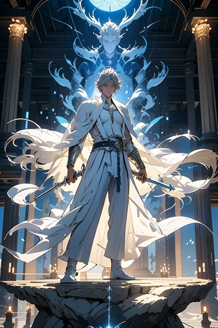 Elegant man, strong physique, white robe, white colored Arabian pants, light blue noble blouse, white boots, messy light blue hair, look of satisfaction, short hair, dark blue colored eyes, noble appearance, holding a silver spear, ancient castle, medieval setting.