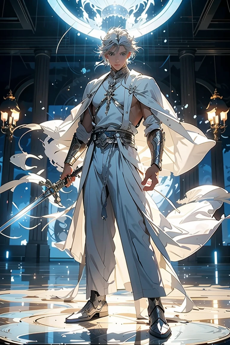 Elegant man, strong physique, white robe, white colored Arabian pants, light blue noble blouse, white boots, messy light blue hair, look of satisfaction, short hair, dark blue colored eyes, noble appearance, holding a silver spear, ancient castle, medieval setting.