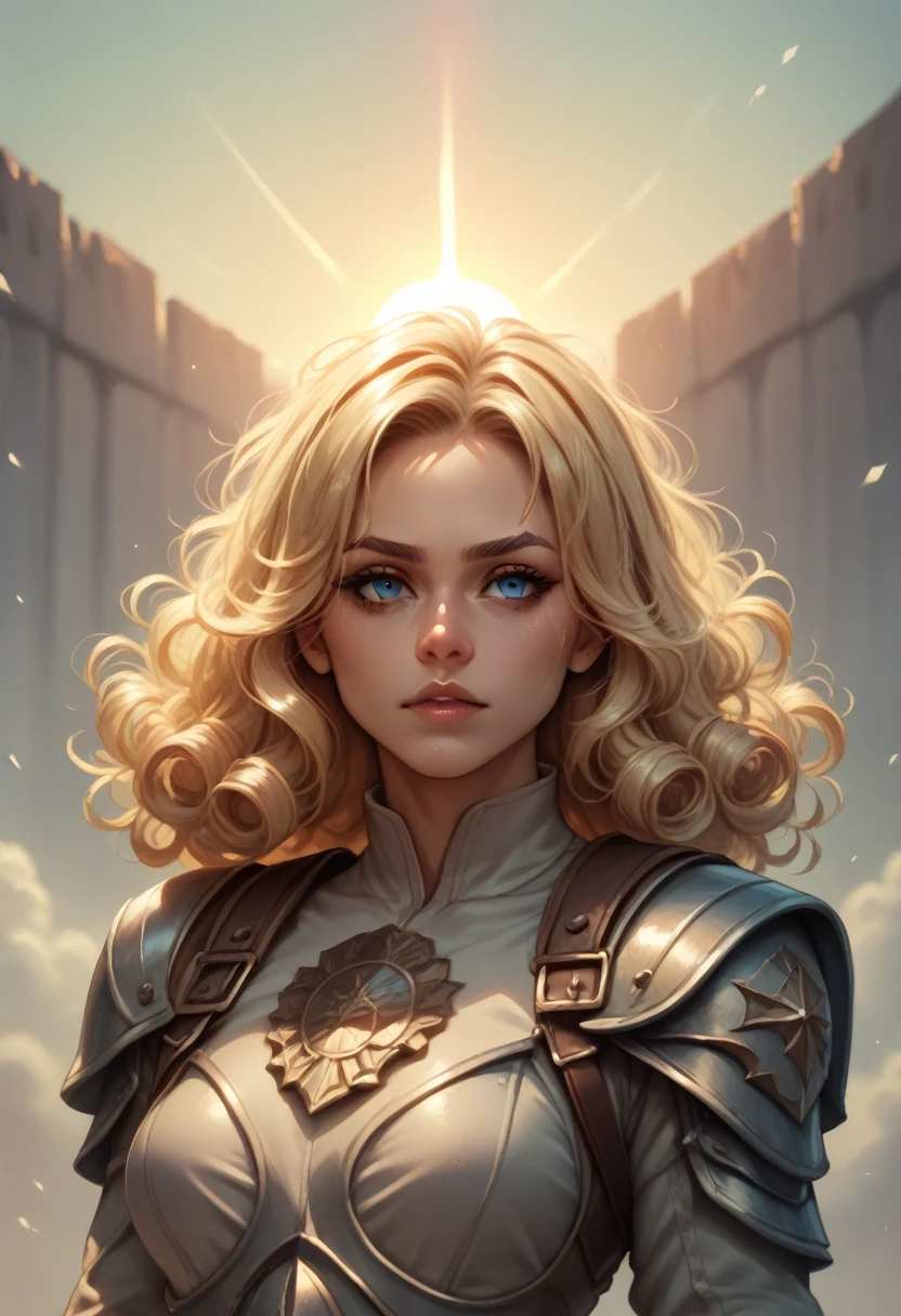 Woman with blonde curly hair, of eyes, Sun God warrior