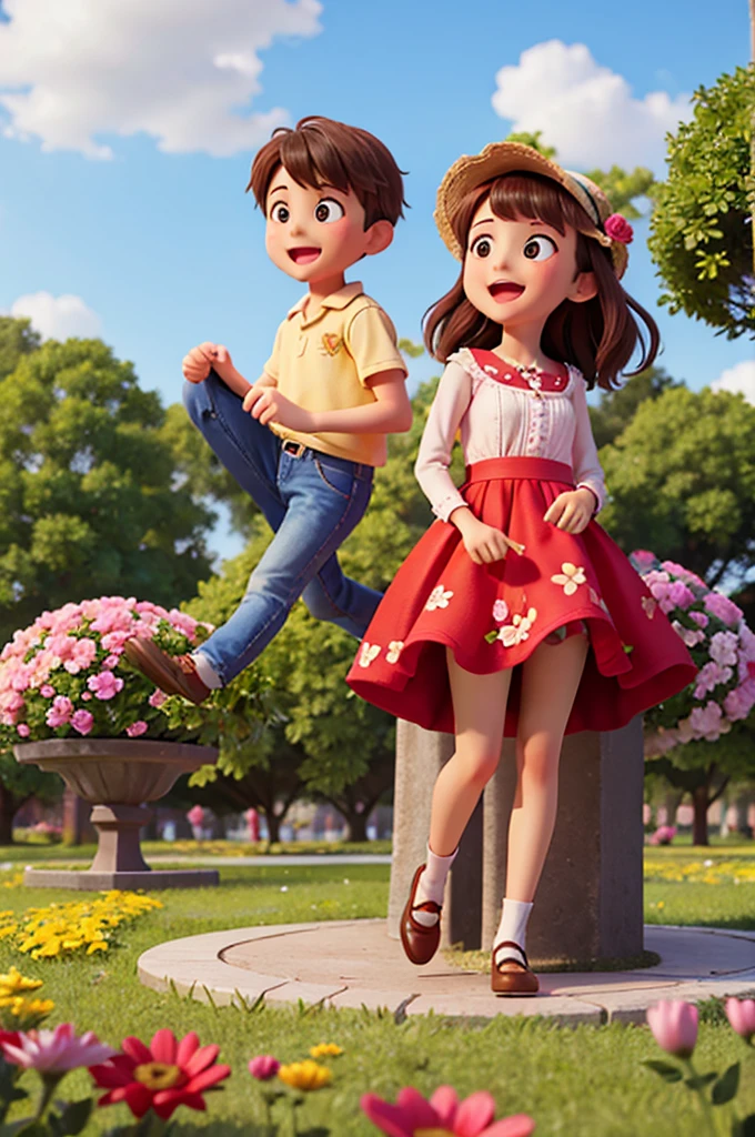 Girl and boy in the flower park, happy