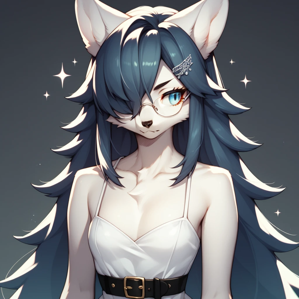 score_9,score_8_up,score_7_up, sierra, kemono style, a young nerdy Anthro furry wolf woman, white furry body,  long elegant and straight hair, (hair parted in the middle):2, elegant glasses, hair clip, wearing elegant blue sundress, black belt, hands to her side, sparkles around her, she is shy, looking away, pouting, pov, pov viewer is giving her a thumbs up