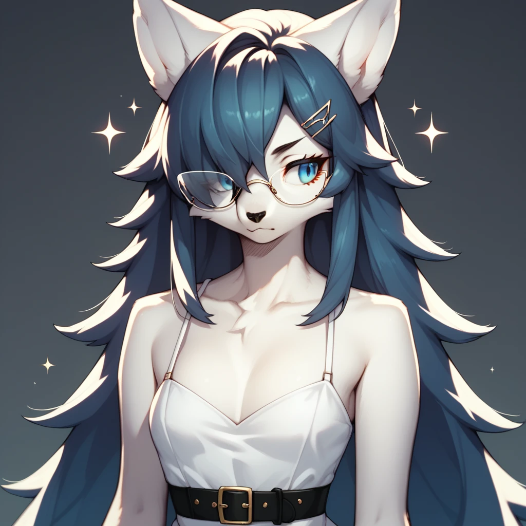 score_9,score_8_up,score_7_up, sierra, kemono style, a young nerdy Anthro furry wolf woman, white furry body,  long elegant and straight hair, (hair parted in the middle):2, elegant glasses, hair clip, wearing elegant blue sundress, black belt, hands to her side, sparkles around her, she is shy, looking away, pouting, pov, pov viewer is giving her a thumbs up