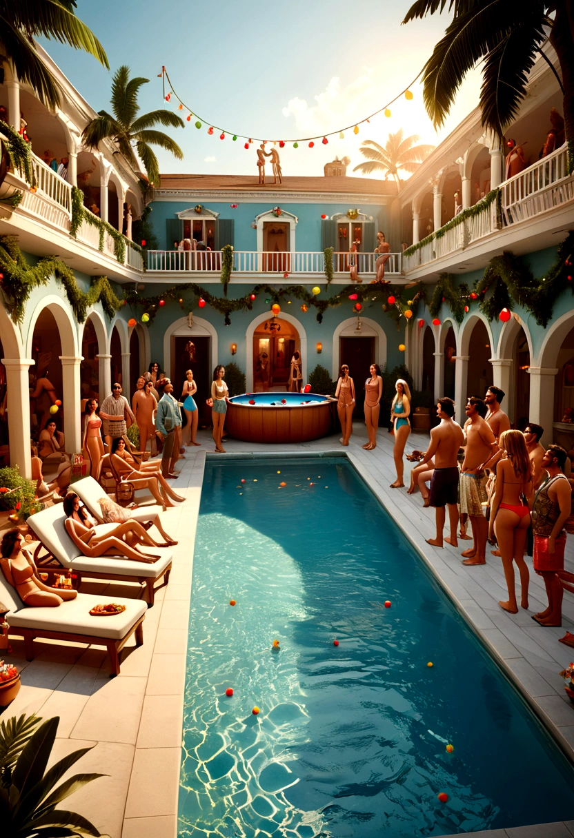 (Pool parties), friends, holiday decorations, full body, panoramic view, award-winning, cinematic still, emotional, vignette, dynamic, vivid, (masterpiece, best quality, Professional, perfect composition, very aesthetic, absurdres, ultra-detailed, intricate details:1.3)